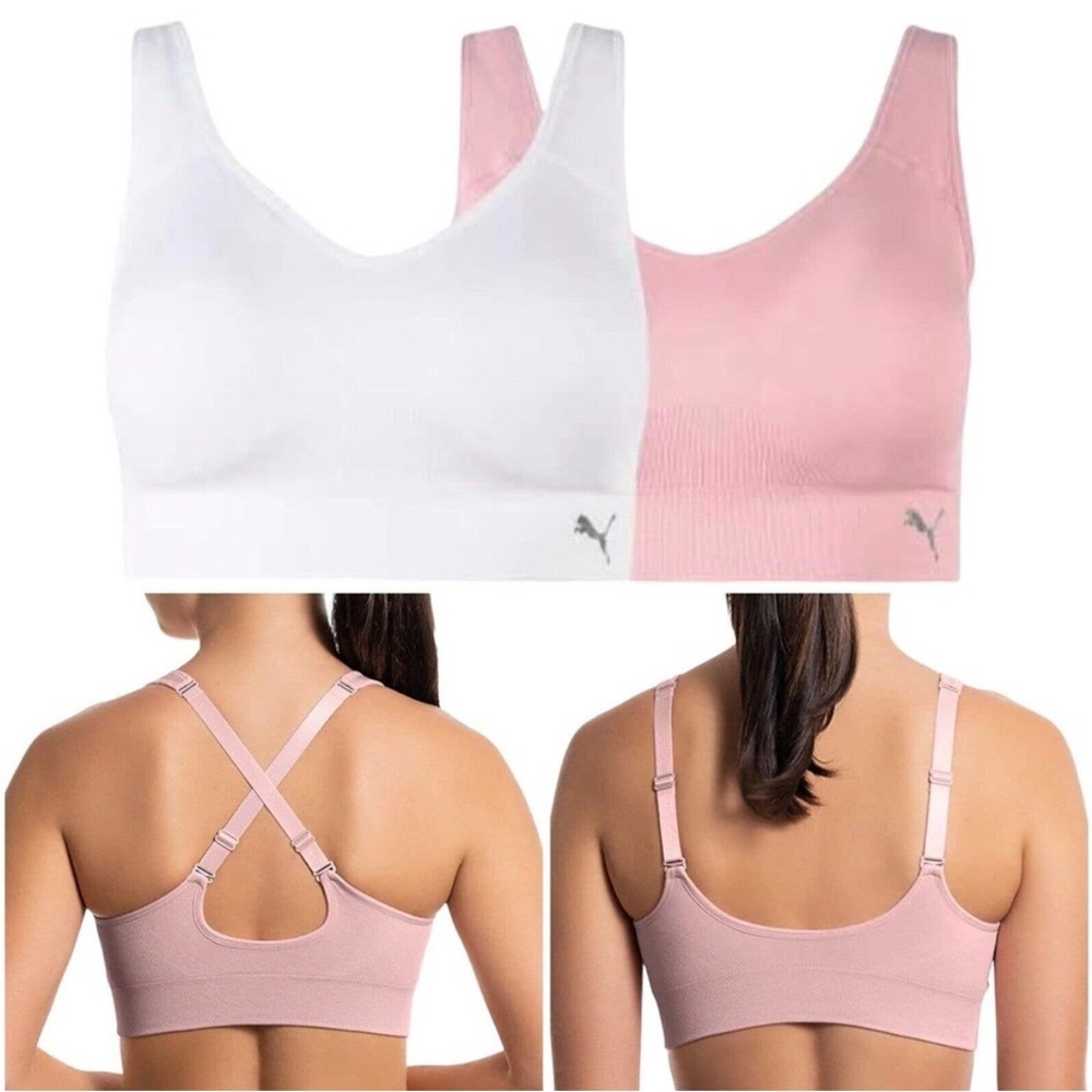 NIB Puma 2 Pack White Pink Seamless Convertible Strap Sports Bra Set Sz S